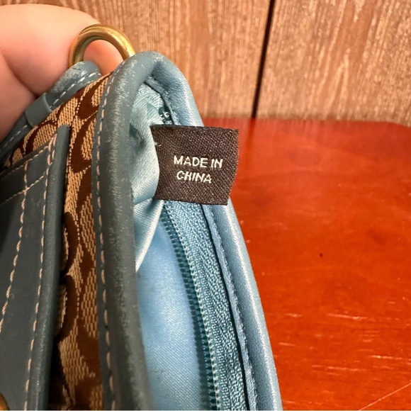 Coach Teal Monogram Wristlet Leather Canvas Small Purse Zip Pouch Cosmetic bag - Picture 8 of 8